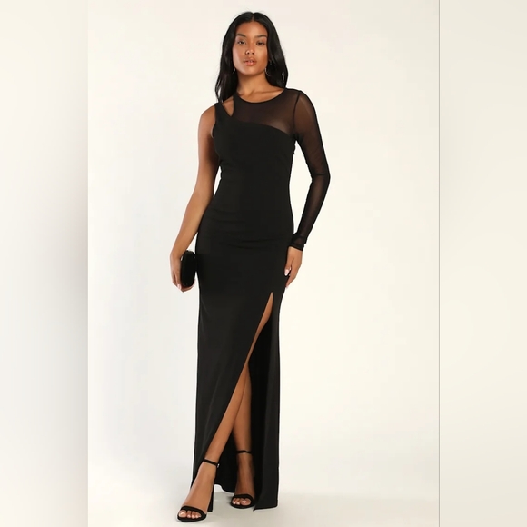 Lulus New Infatuation Black Mesh Asymmetrical Mermaid Maxi Dress L Wedding Party - Picture 2 of 11